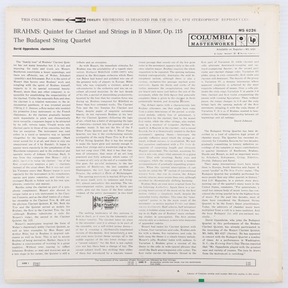 Brahms David Oppenheim Clarinet Quintet In B-Minor Budapest String 12" LP Record - Picture 2 of 11